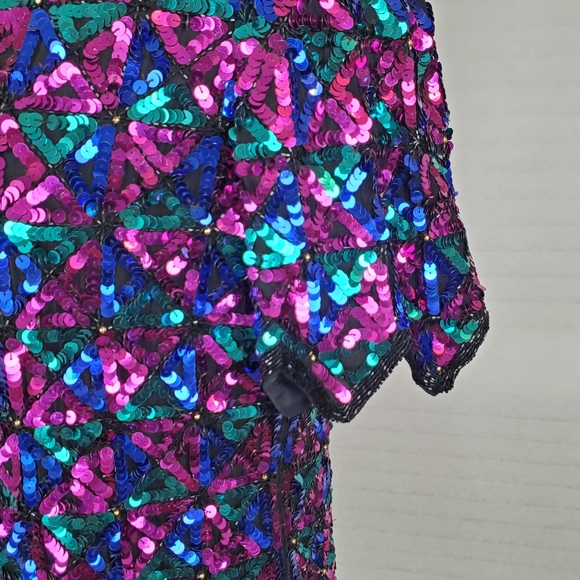 LAST CHANCE Vtg Laurence Kazar | L | 100% silk sequin v-neck - Picture 5 of 10